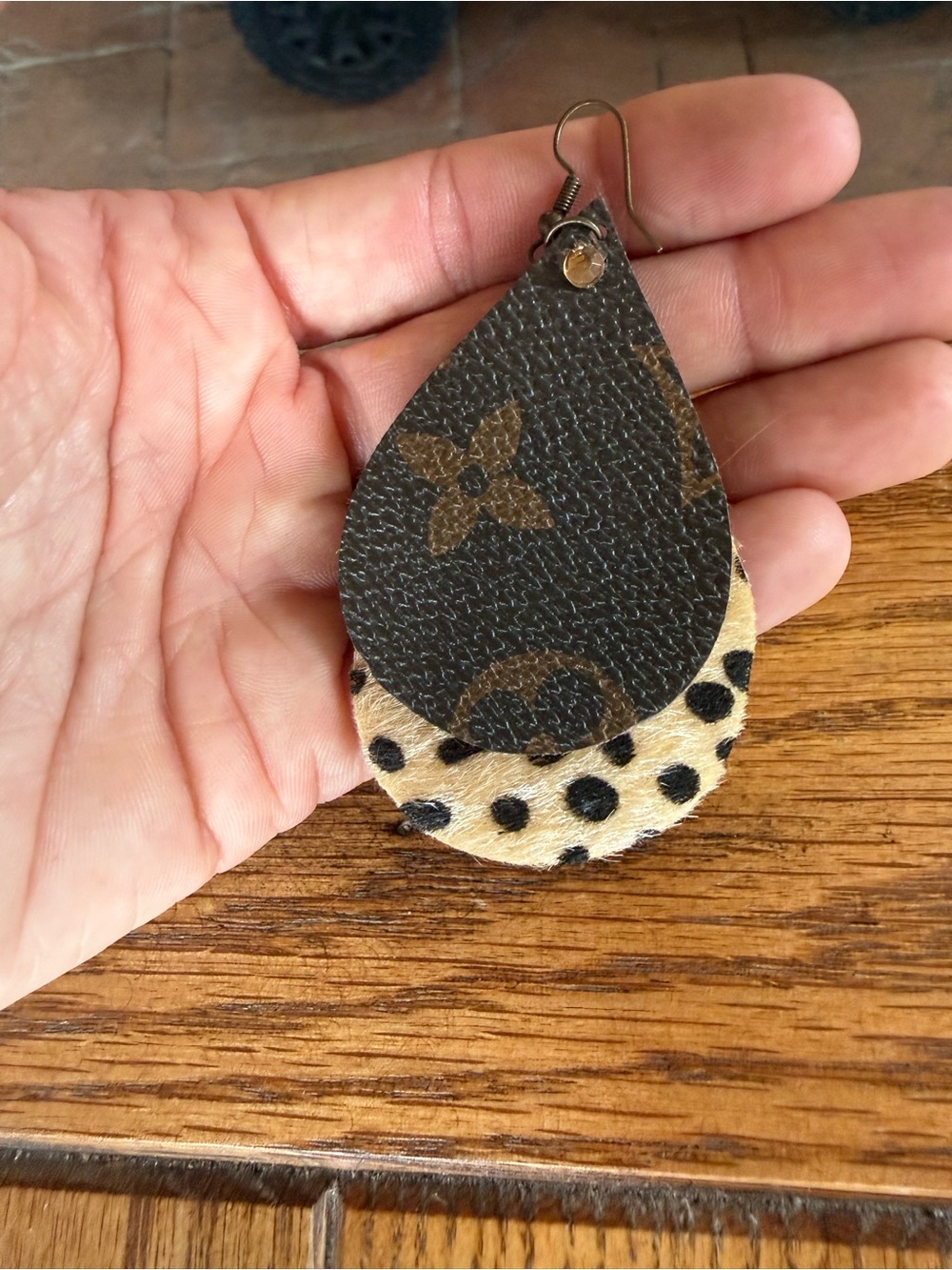 Faux Leather Teardrop Layered Earrings in Brown and Cream
